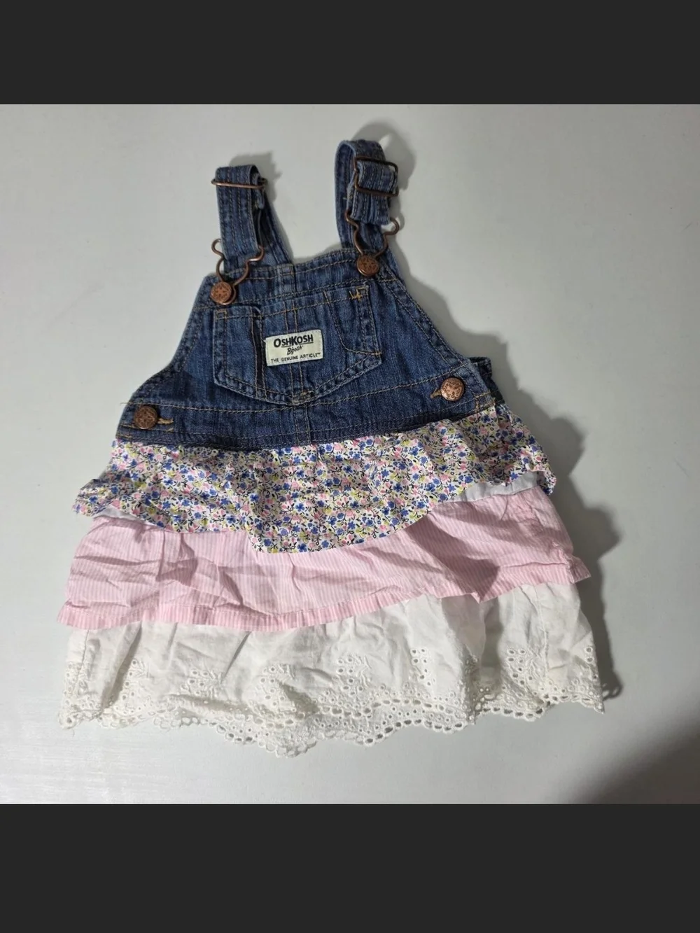 OshKosh B'gosh Denim Overall Dress with Blue Floral, Pink and White Tiers